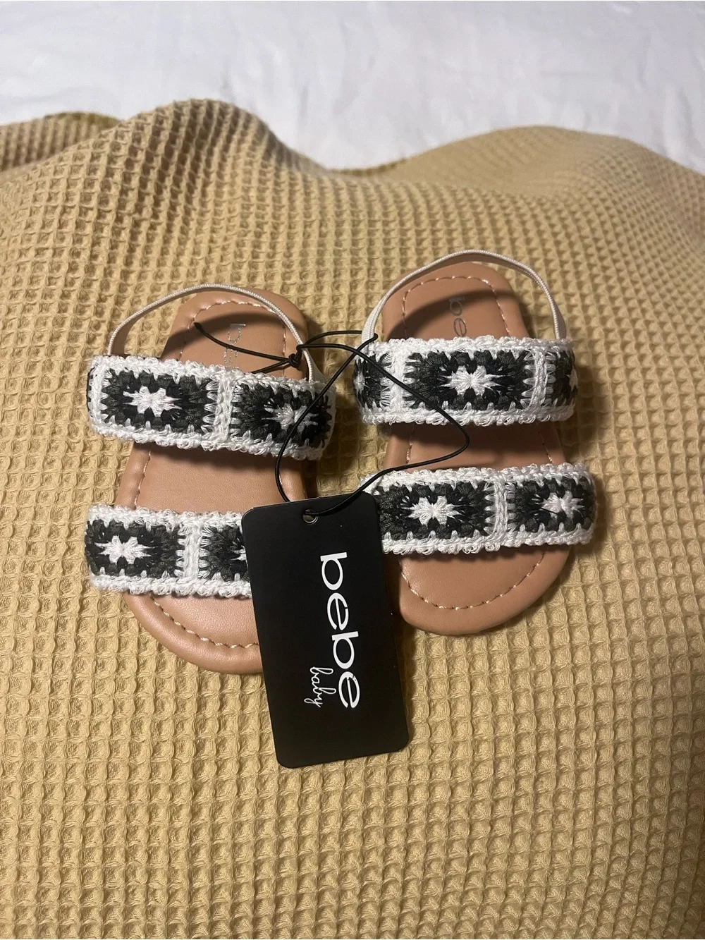 bebe Tan Sandals with Black & White Crochet Straps